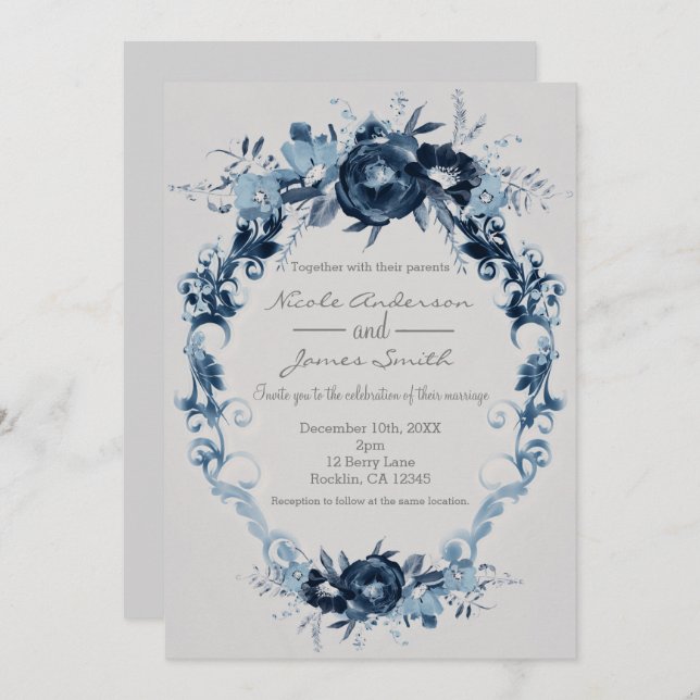 Blue Vintage Flowers Elegant Floral Wedding Invitation (Front/Back)