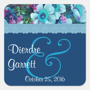 Blue Vintage Flowers Wedding V07 Square Sticker