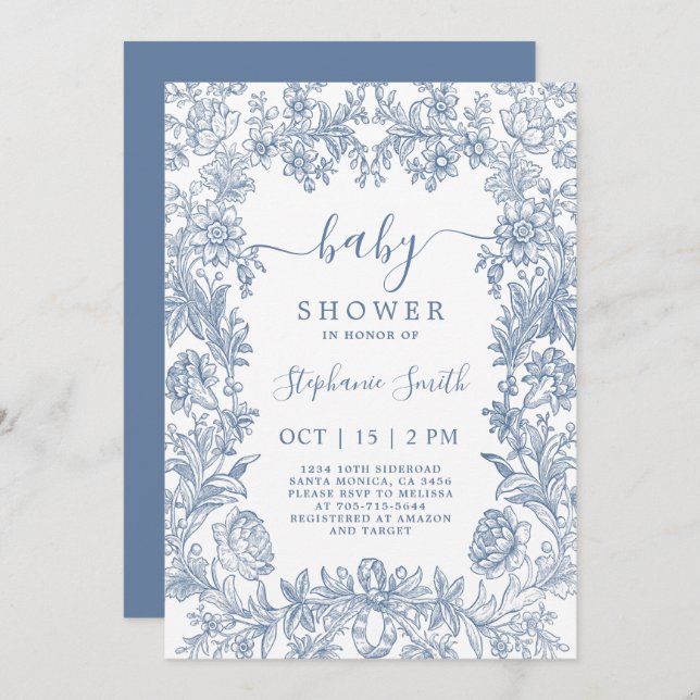 Blue Vintage Frame Baby Shower Invitation (Front/Back)