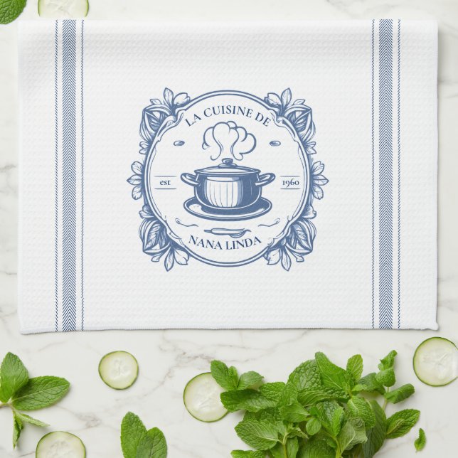 Blue Vintage French Cooking Personal Name Tea Towel (Folded)