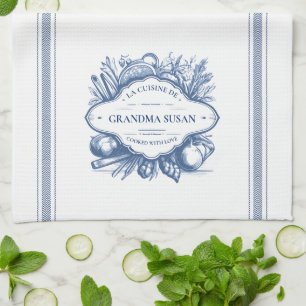 Blue Vintage French Cooking Personalised Name Tea Towel