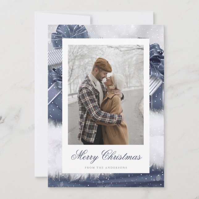 Blue Vintage Gift Snow Photo Christmas Cards (Front)