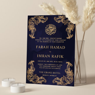 Blue Vintage Gold Corner Islamic Muslim Wedding Invitation