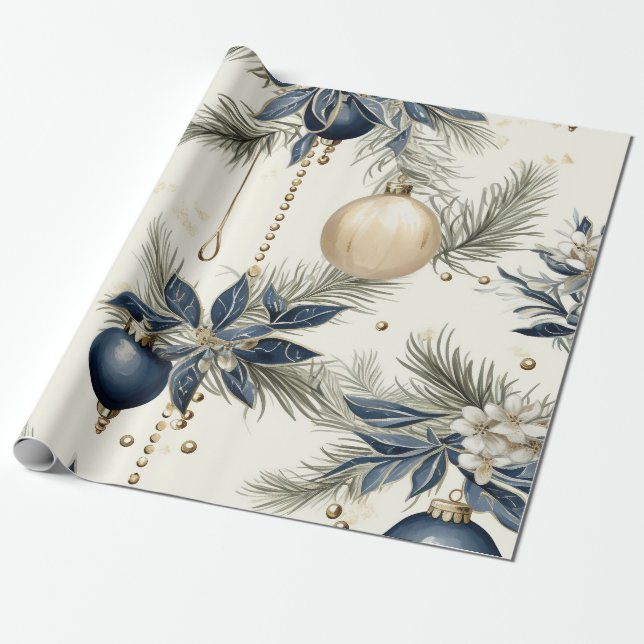 Blue Vintage Inspired Floral  Wrapping Paper (Unrolled)
