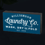 Blue Vintage Laundry Wash Dry Fold Wooden Box Sign<br><div class="desc">Place this charming and cheeky personalised blue wooden block sign on a shelf in your laundry room and bring a little bit of that vintage farmhouse vibe to your home decor. Use the customise options to create a truly one of a kind for yourself by changing fonts and the background...</div>