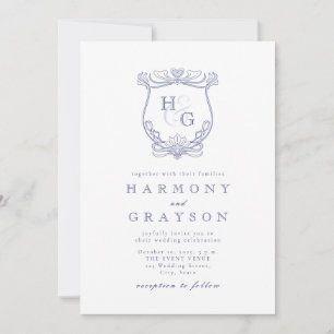 Blue Vintage Monogram Wedding Invitation