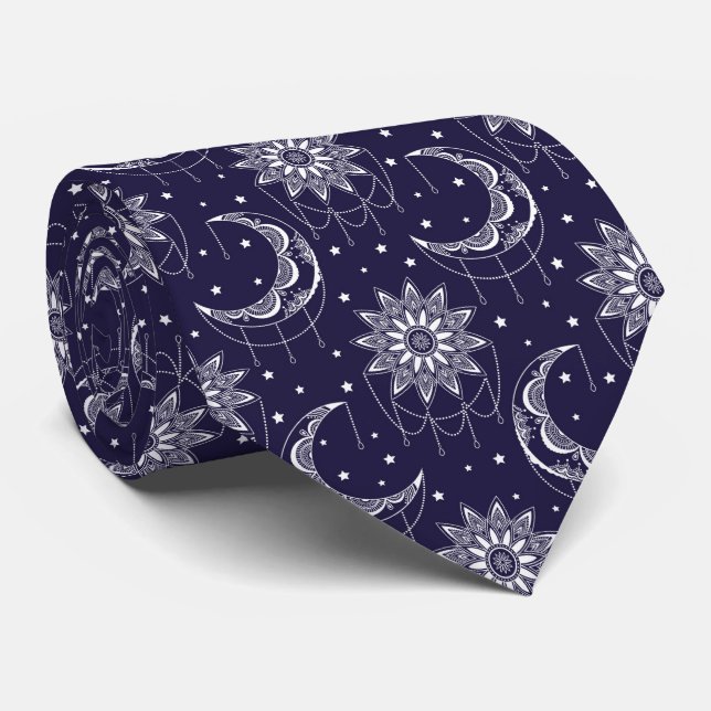 Blue vintage moon ornamental pattern tie (Rolled)