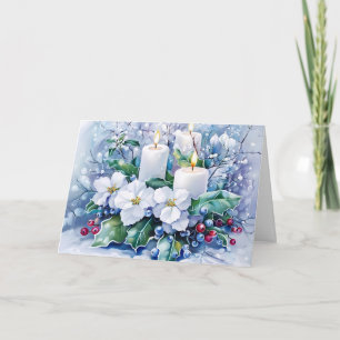 Blue Vintage Non-Photo Floral Candles Christmas Holiday Card