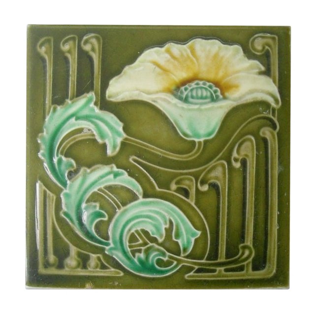 Blue Vintage Nouveau Art Flower Design Tile (Front)