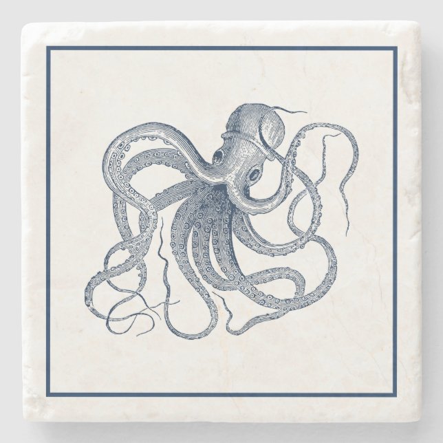 Blue Vintage Octopus Illustration Stone Coaster (Front)
