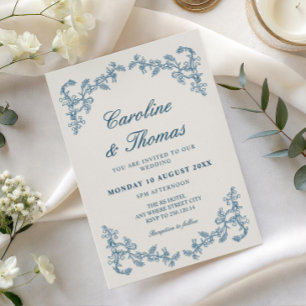 Blue vintage old money royale wedding invitation