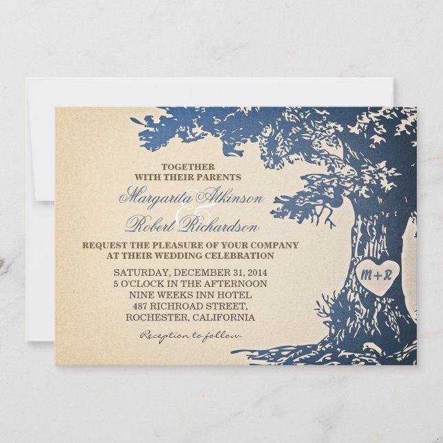 blue vintage old oak tree wedding invitations (Front)