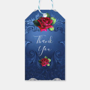Blue Vintage Ornamental Red Roses Wedding Favour Gift Tags
