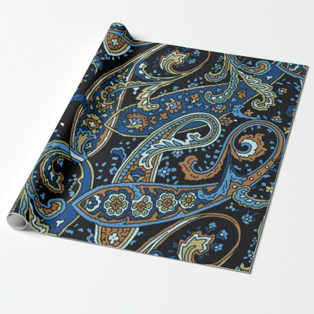 Blue Vintage Paisley Pattern Wrapping Paper (Unrolled)