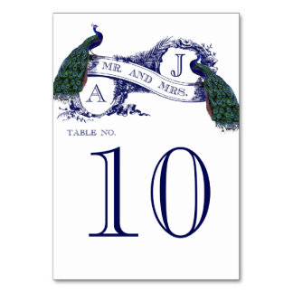 Blue Vintage Peacock Wedding Table Number Card