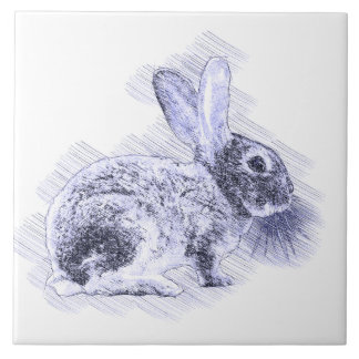 Blue Vintage Rabbit Pencil Etching Tile