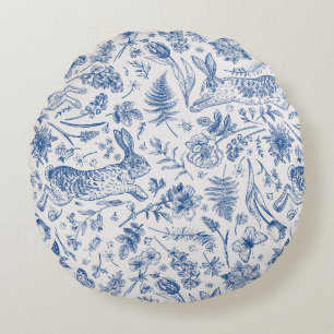 Blue vintage rabbits and spring flowers pattern round cushion