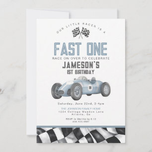 Blue Vintage Race Car First Birthday Boy Invitation