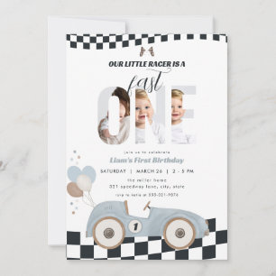 Blue Vintage Race Car First Birthday Invite Photo