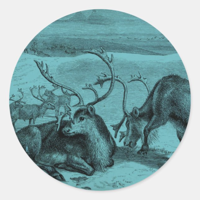 Blue Vintage Reindeer Illustration Classic Round Sticker (Front)