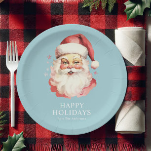 Blue Vintage Retro Santa Claus Christmas Paper Plate