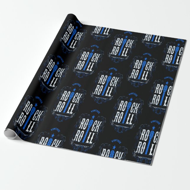 Blue Vintage Rock And Roll Wrapping Paper (Unrolled)