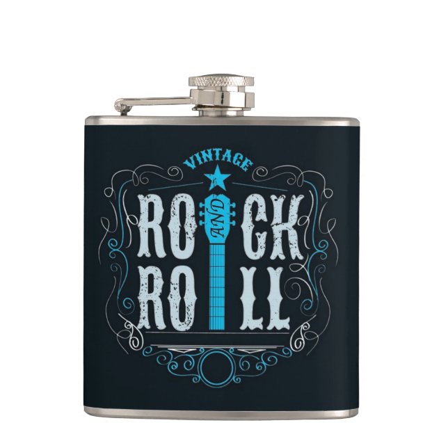 Blue Vintage Rock & Roll Logo Hip Flask (Front)