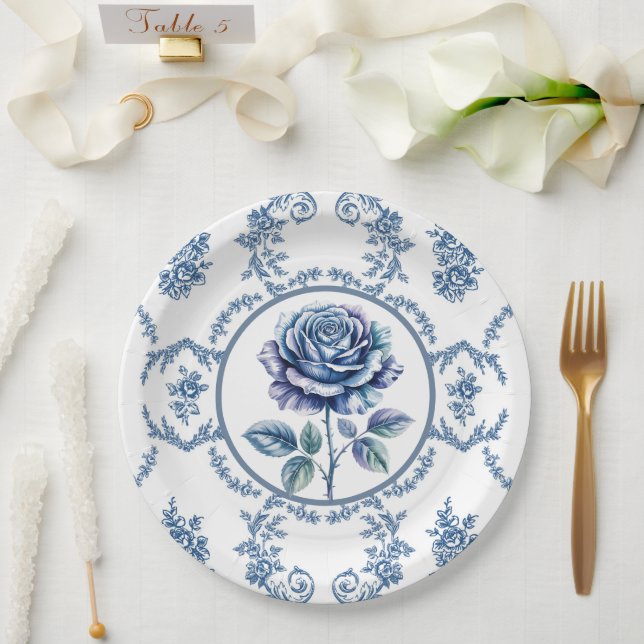 Blue Vintage Rose Paper Plate (Wedding)