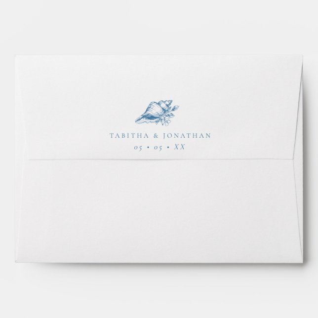 Blue Vintage Seashell Beach Wedding Envelope (Back (Top Flap))