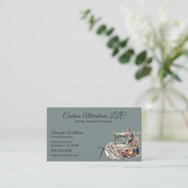 Blue Vintage Sewing Alteration Business Card (Standing Front)