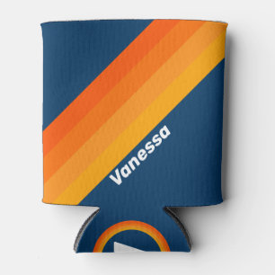 Blue Vintage Stripe with Name Can Cooler