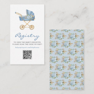 Blue Vintage Stroller Baby Shower QR Code Registry Enclosure Card