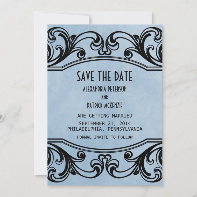Blue Vintage Swirls Save the Date Invite (Front)