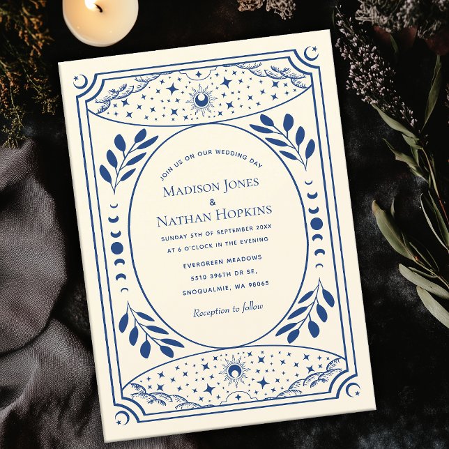 Blue Vintage Tarot Card Gothic Wedding Invitation (Creator Uploaded)