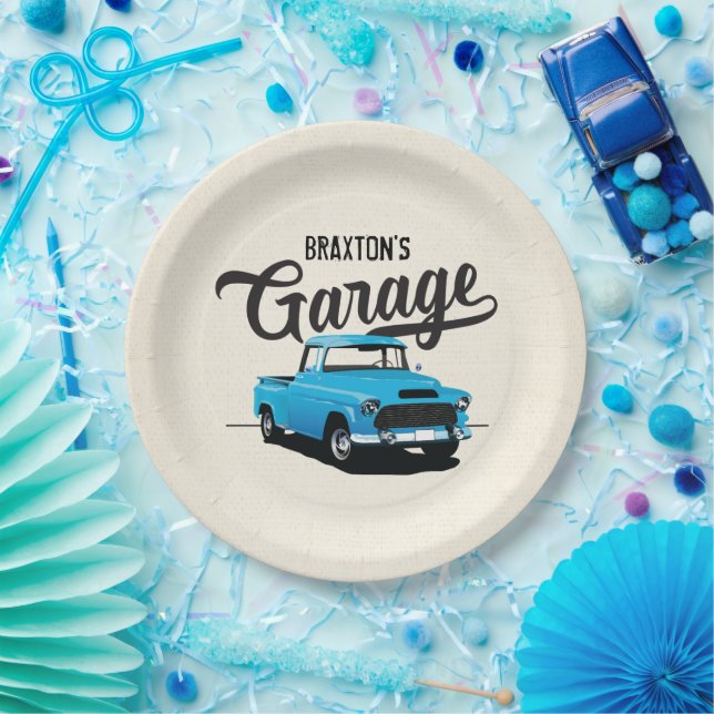 Blue Vintage Truck Birthday Custom Paper Plates (Party)