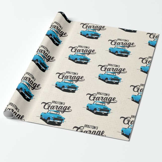 Blue Vintage Truck Custom Name Wrapping Paper (Unrolled)