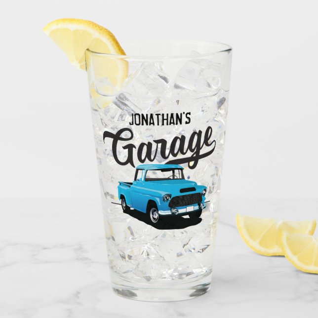 Blue Vintage Truck Name Custom Glass Tumbler (Front Ice)
