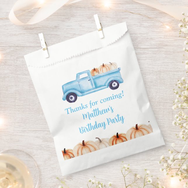 Blue Vintage Truck Pumpkin Birthday Party Favour Bags (Clipped)