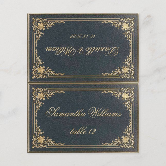 Blue Vintage Wedding Place Card Printed Guest Name (Front)