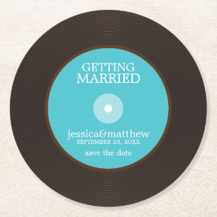 Blue Vinyl Record Wedding Save the Date Wedding Round Paper Coaster