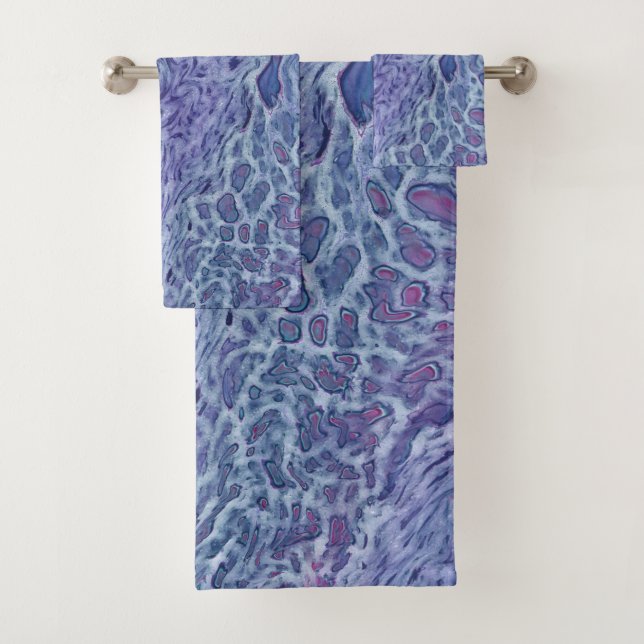 Blue & Violet Acrylic Abstract Fluid Art Bath Towel Set (Insitu)