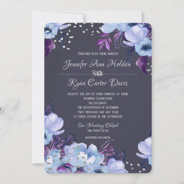 Blue Violet Floral Wedding Invitation (Front)
