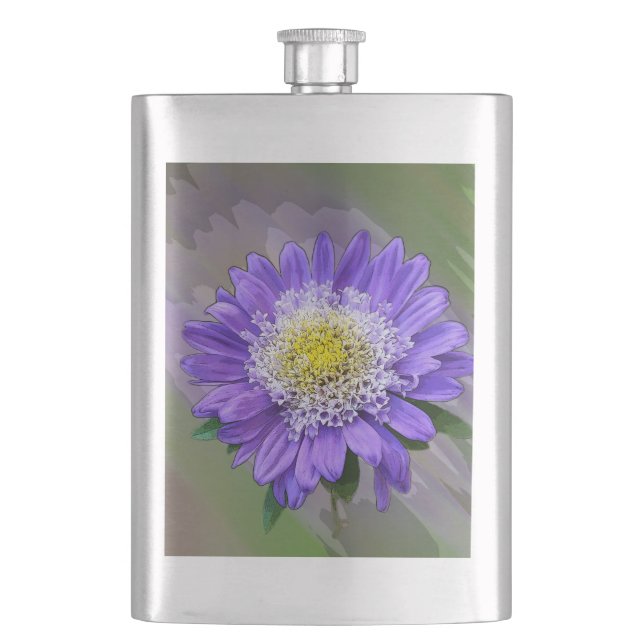 blue violet flower hip flask (Front)
