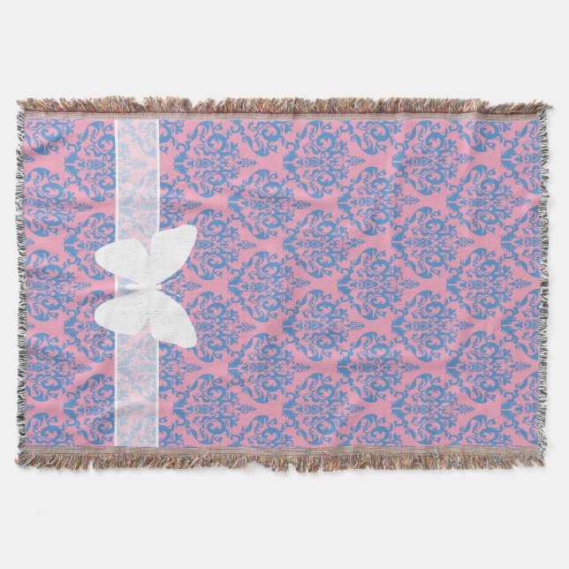Blue Violet Frosted Orchid Damask with Butterfly Throw Blanket (Front)