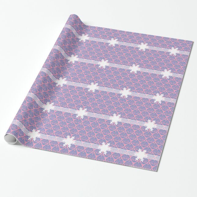 Blue Violet Frosted Orchid Damask with Snowflake Wrapping Paper (Unrolled)