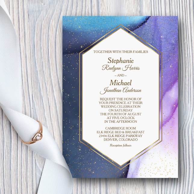 Blue Violet Gold Confetti Watercolor Wedding Invitation (Creator Uploaded)