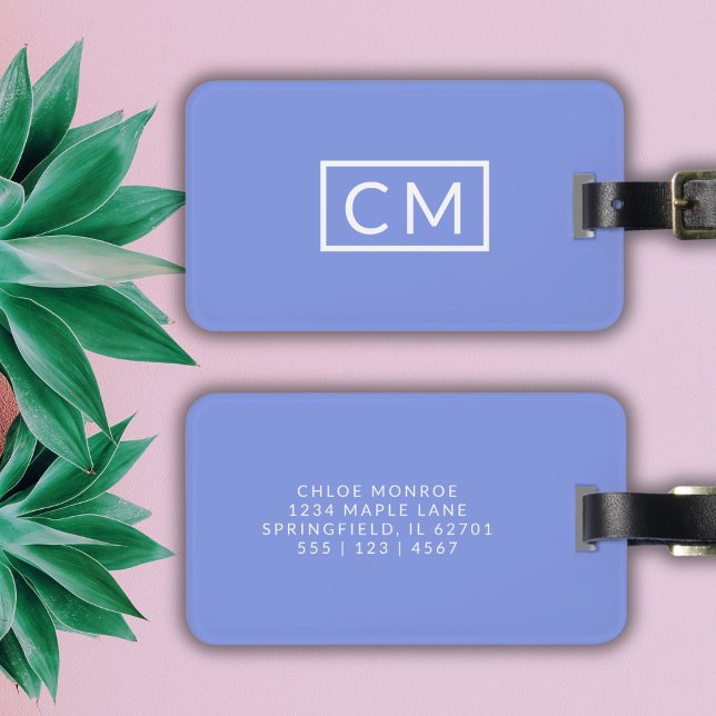 Blue Violet Modern Monogram Simple Bright Luggage Tag (Creator Uploaded)