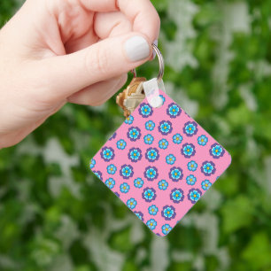 Blue Violet Pink Floral Pattern Key Ring