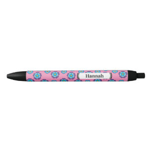 Blue Violet Pink Floral Pattern Personalise Black Ink Pen