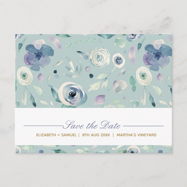 Blue Violet Rose Watercolor Pattern Custom Announcement Postcard (Front)